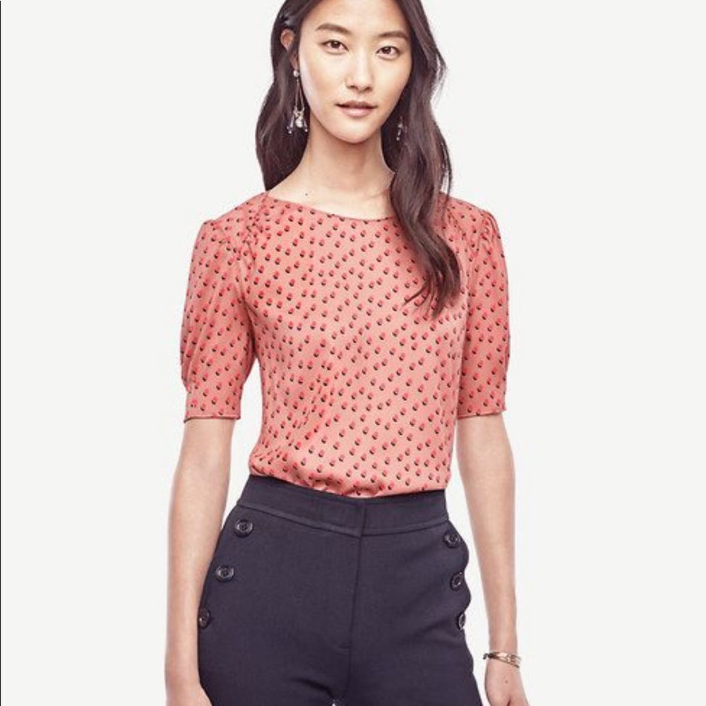 Ann Taylor Dot Shirred Short Sleeve Blouse